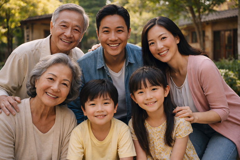 Trois générations d’une famille d’origine asiatique posent ensemble avec le sourire à l’extérieur.