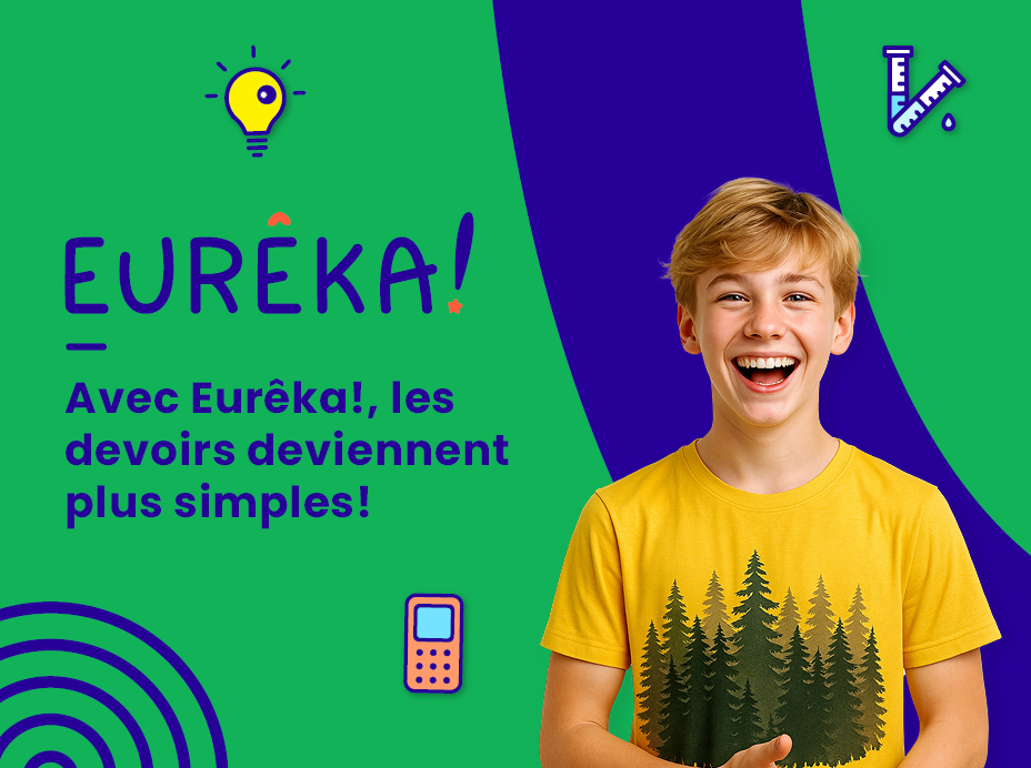 Vignette promotionnelle du service Eurêka! Logo : Eureka!  Info : Avec Eurêka!, les devoirs deviennent plus simples!  Image : Un adolescent souriant.