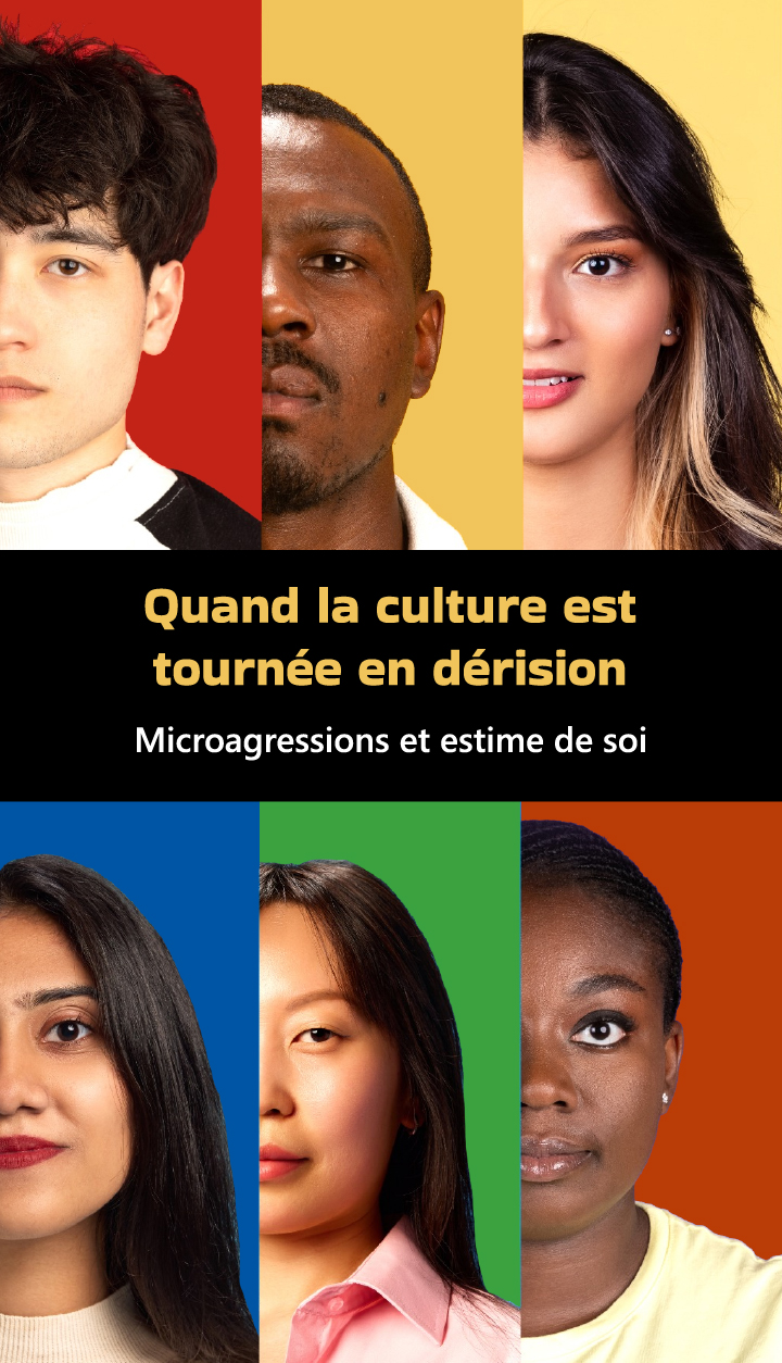 Montage de six portraits d'ados de différentes origines sur des fonds colorés.