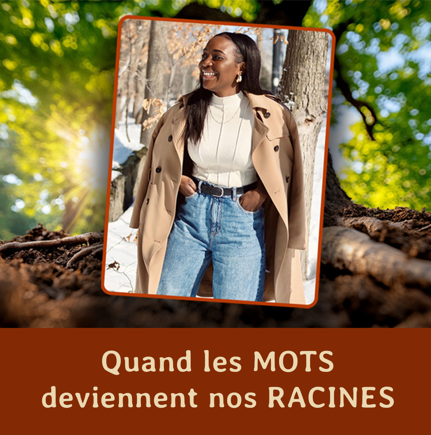 Photo de Christelle M. Kongolo devant des arbres et de grosses racines en forêt.