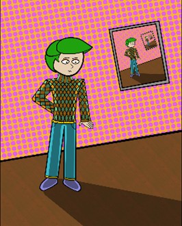 Dessin d'un garçon de style BD avec une casquette et un pull vert. Il se tient dans une pièce devant un mur rose à motifs. Juste derrière lui, un cadre accroché au mur montre exactement la même image, créant un effet amusant qui se répète.