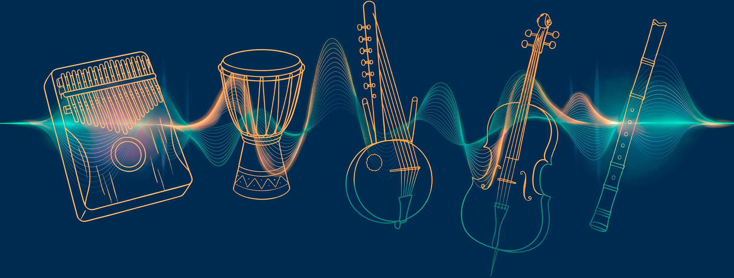 Une onde sonore traverse les contours de plusieurs instruments de musique.