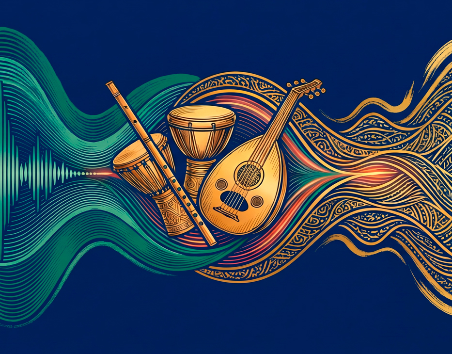 Des ondes sonores colorées se transforment en motifs dorés autour de trois instruments traditionnels.