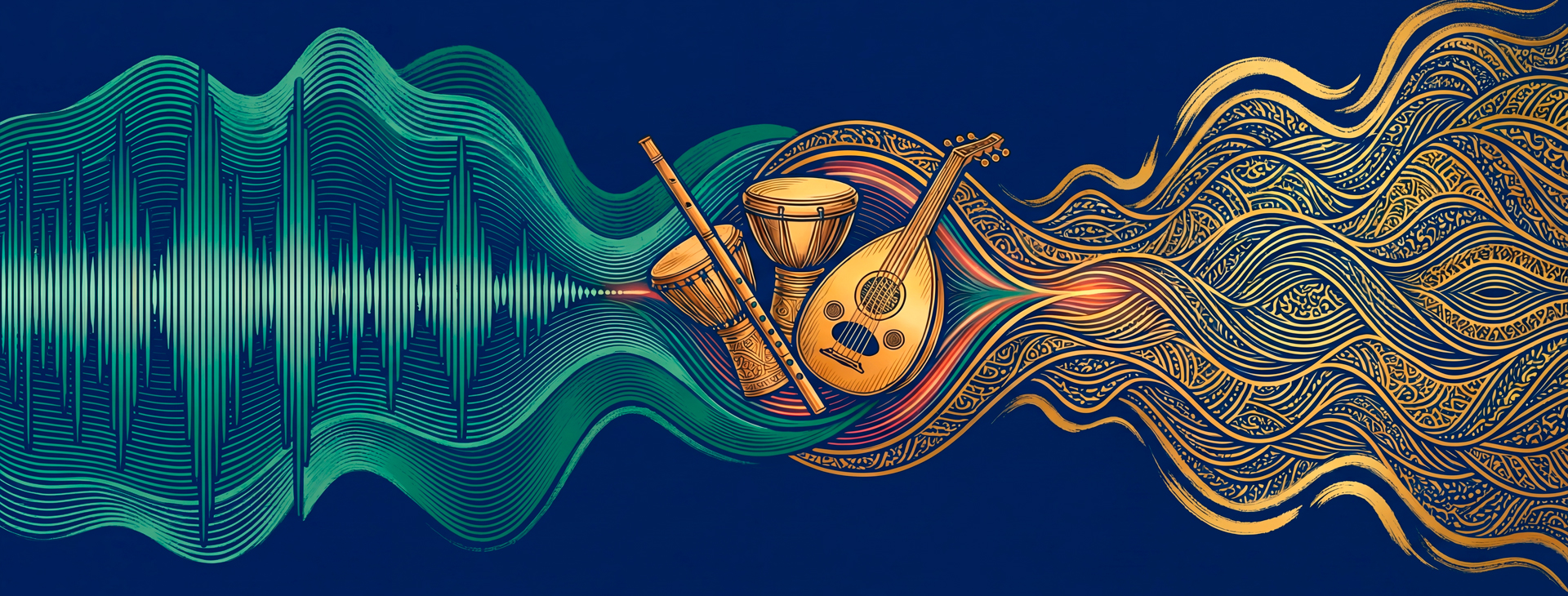 Des ondes sonores colorées se transforment en motifs dorés autour de trois instruments traditionnels.