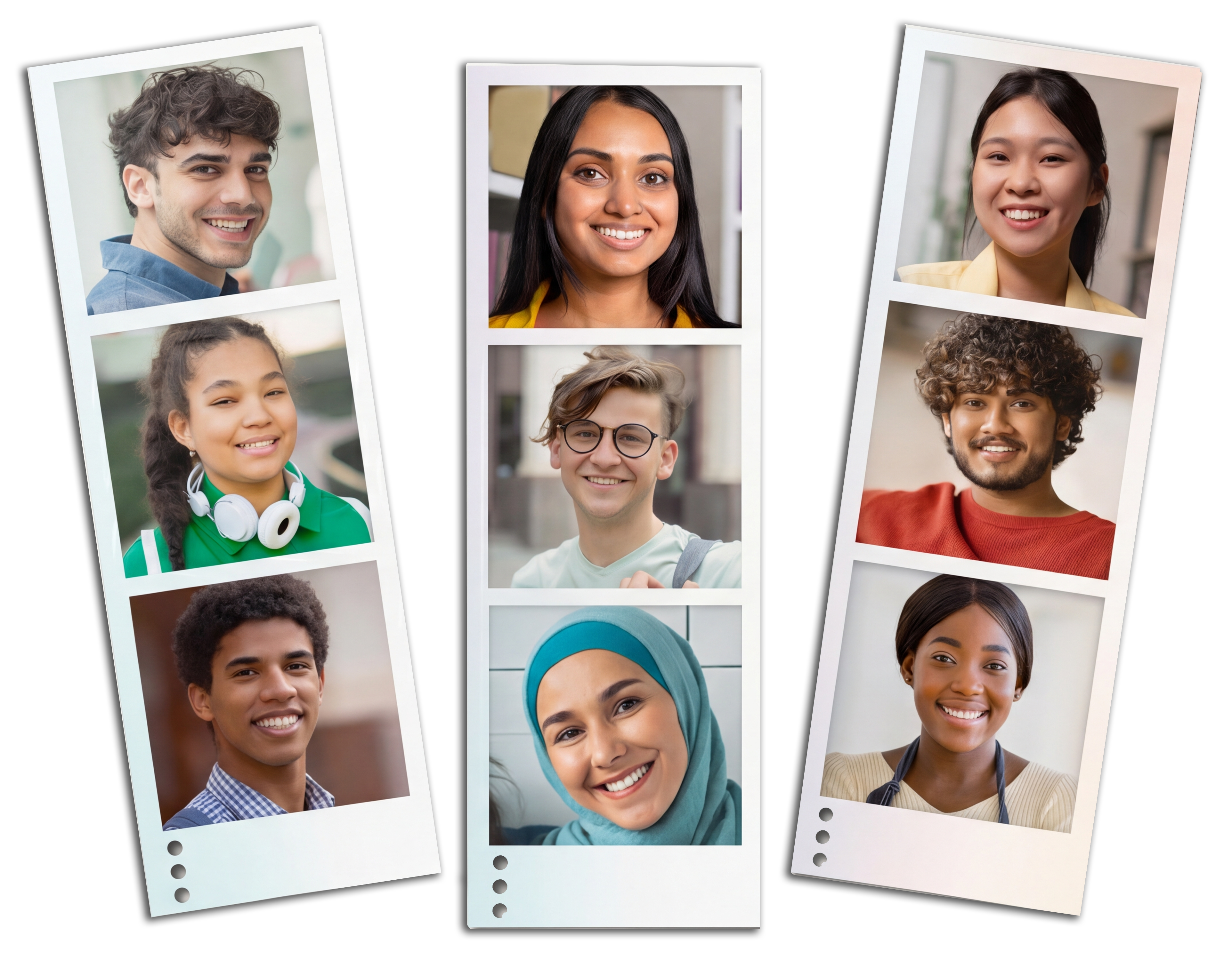Trois pellicules de style cabine photographique présentent les portraits souriants de neuf jeunes de diverses origines.