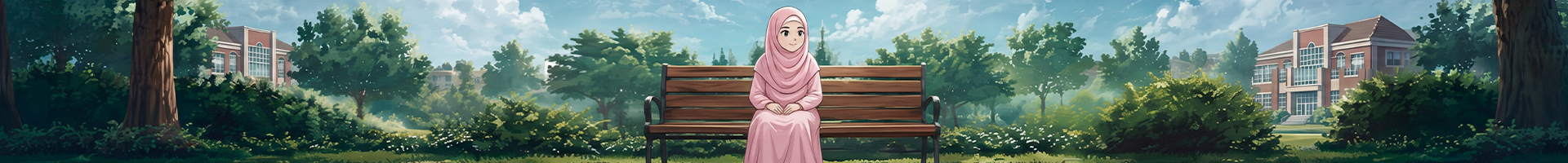 Illustration de style anime d’une jeune fille souriante en hijab rose, assise seule sur un banc dans un parc.
