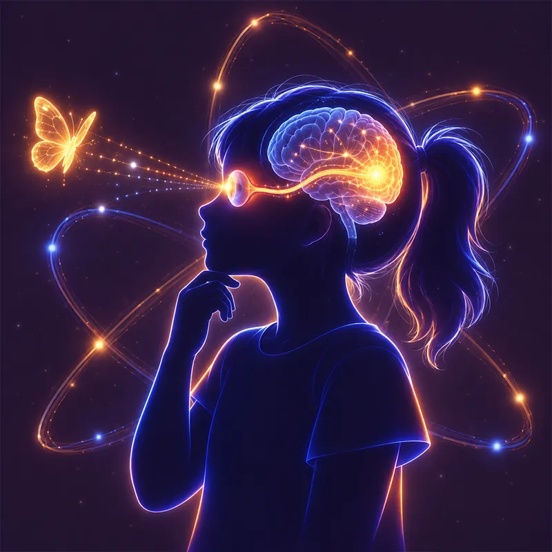 Le corps stylisé d’une fillette. Il est entouré d’anneaux qui rappellent la structure d’un atome. L’enfant observe un papillon. Le cerveau et son œil sont visibles et de couleur orangée.  