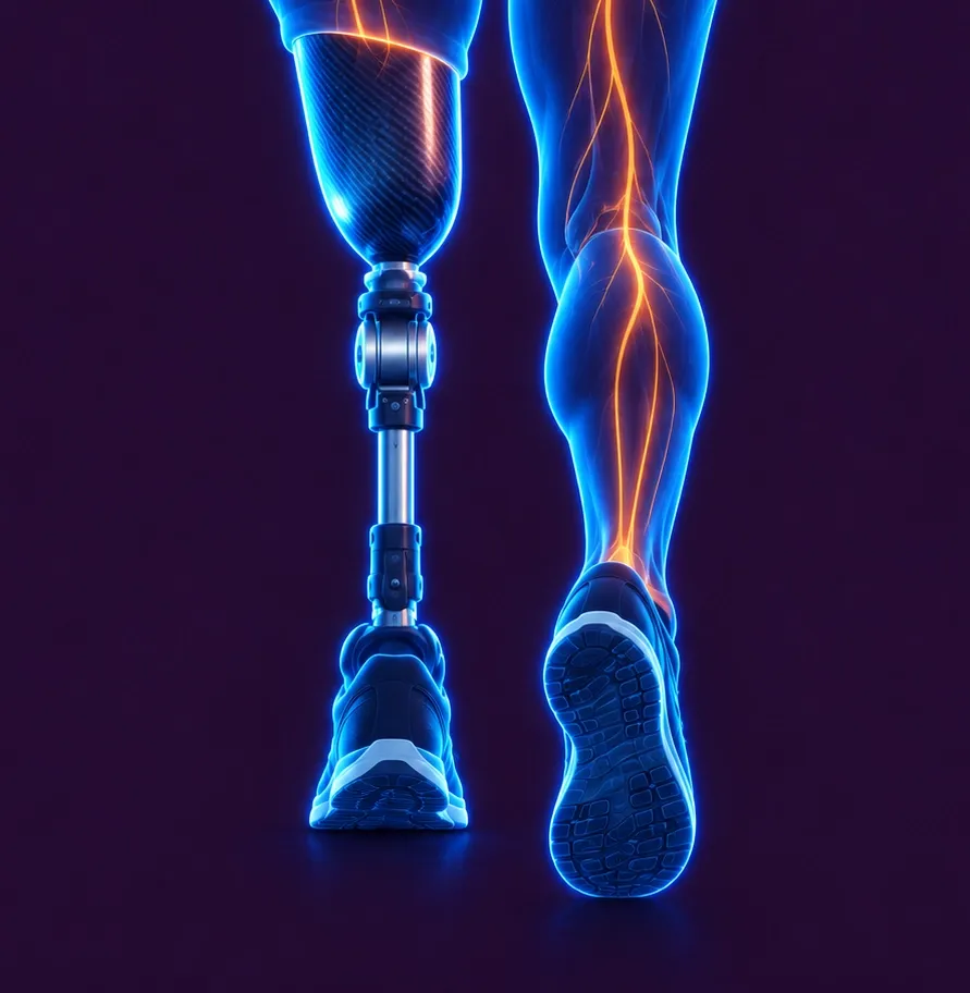 Des jambes stylisées. Elles sont transparentes. L’une des deux jambes est amputée et comporte une orthèse. Le système nerveux est apparent.  