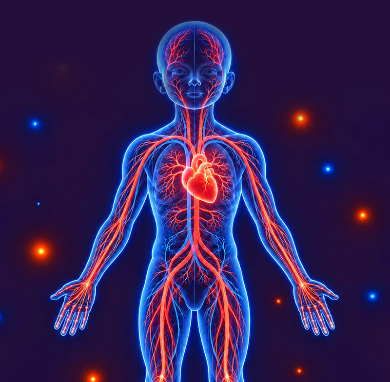 Corps stylisé d’un enfant. Il est transparent. Il est vu de face. Le système sanguin ainsi que le cœur sont apparents. 