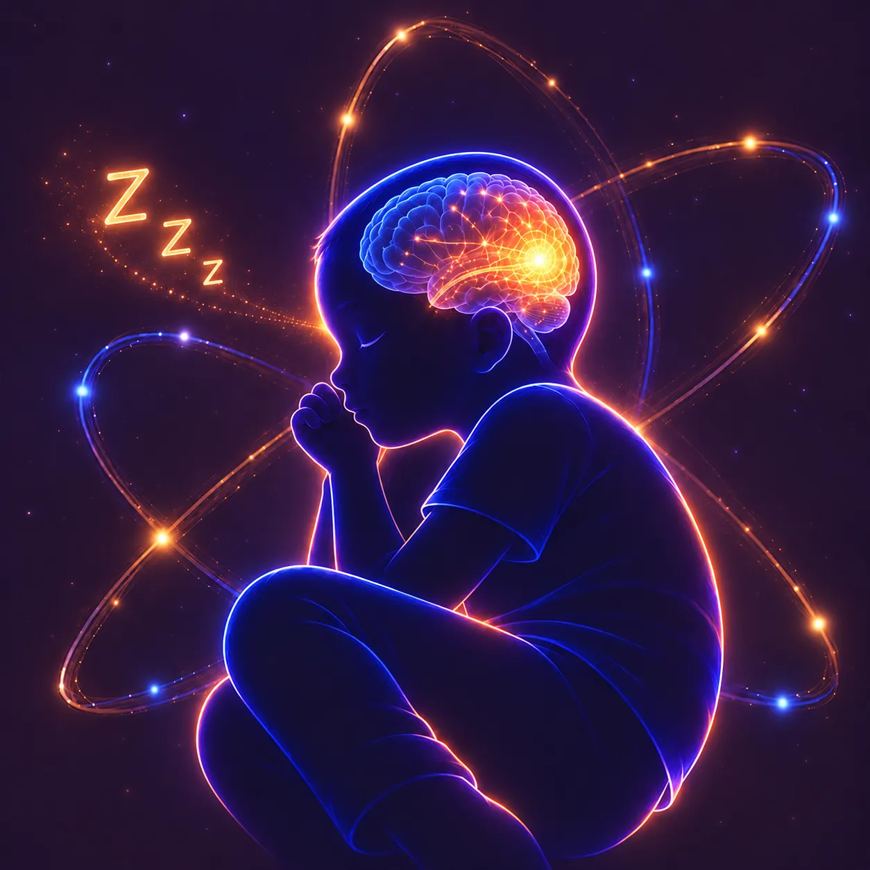 Le corps stylisé d’un enfant. Il est entouré d’anneaux qui rappellent la structure d’un atome. L’enfant dort. Le cerveau est visible et de couleur orangée. Il y a les lettres « Zzz ». 