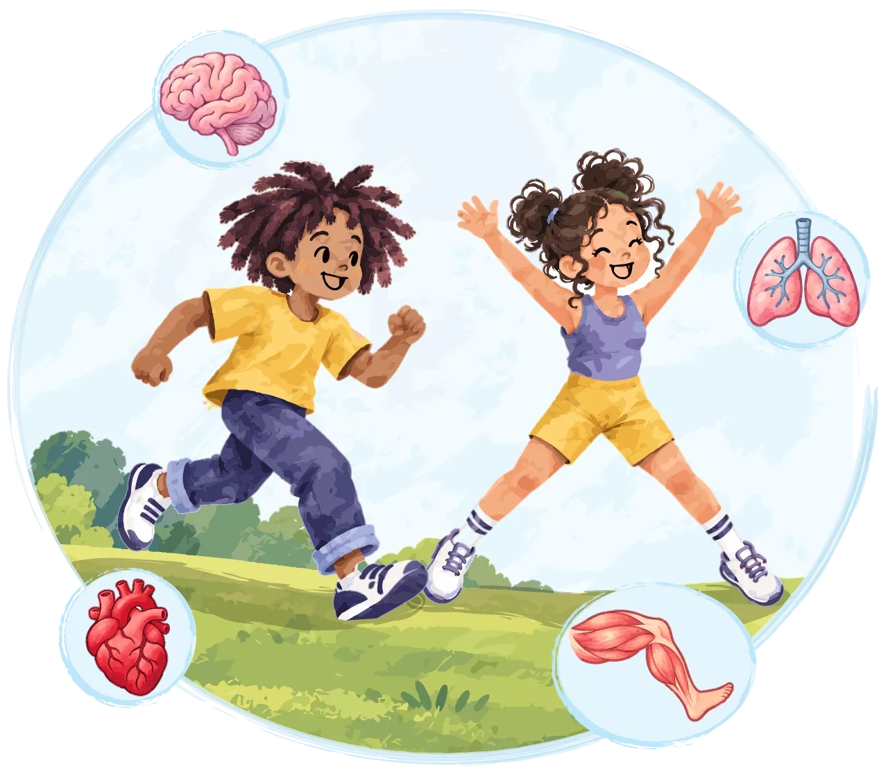Un jeune garçon court et une jeune fille saute dans les airs. Autour d’eux, il y a quatre icônes représentant un cerveau, des poumons, les muscles d’une jambe et un cœur. 