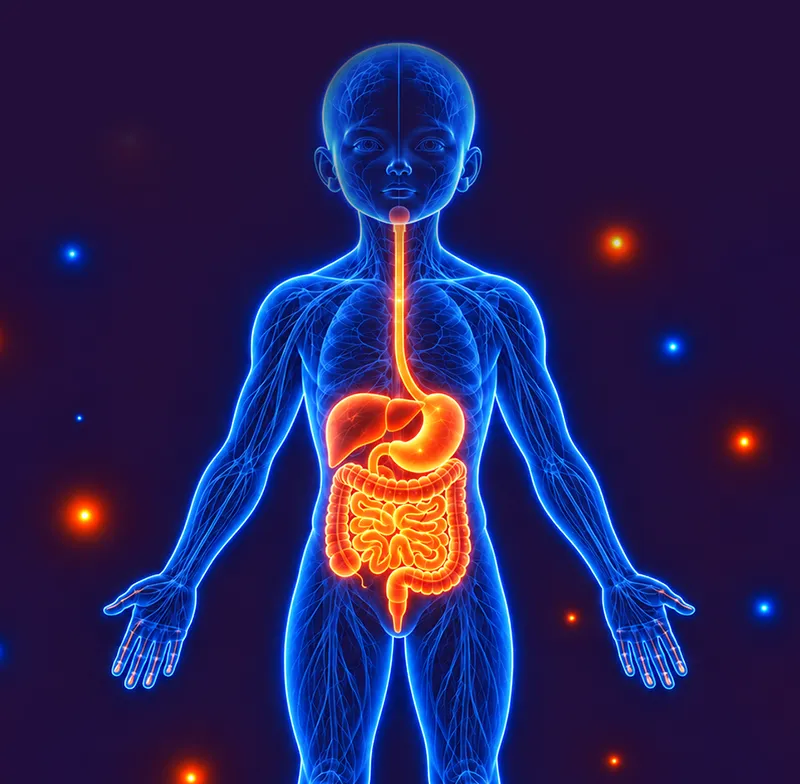 Corps stylisé d’un enfant. Il est transparent. Il est vu de face. Le système digestif est apparent, soit l’œsophage, l’estomac, le foie, l’intestin grêle et le colon.  