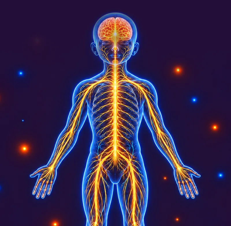 Corps stylisé d’un enfant. Il est transparent. Il est vu de face. Le cerveau et le système nerveux sont apparents. 