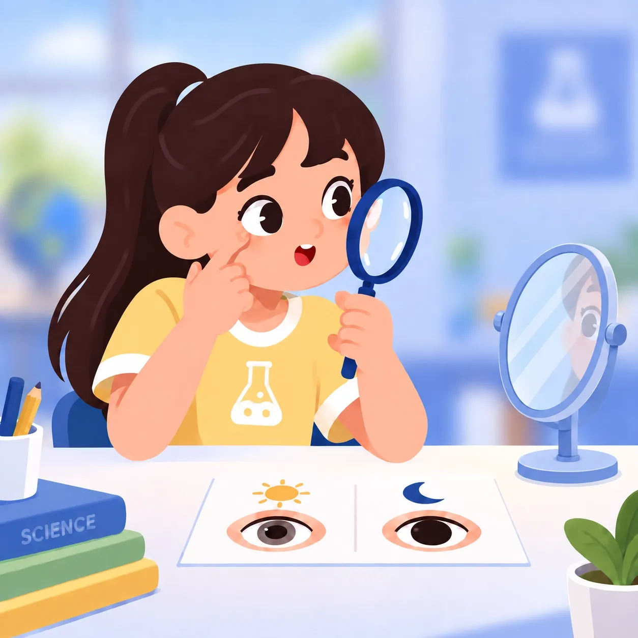 Une jeune fille est assise devant une table. Elle pointe son œil avec son doigt. Elle observe son œil dans un miroir en utilisant une loupe. Sur la table, il y a un miroir, une feuille sur laquelle sont dessinés deux yeux. Il y a un œil dont la pupille est rétrécie. Sous l’œil, il y a une lune. Il y a un œil dont la pupille est agrandie. Sous l’œil, il y a un soleil. Près de la feuille, il y a une pile de livres et des crayons.  