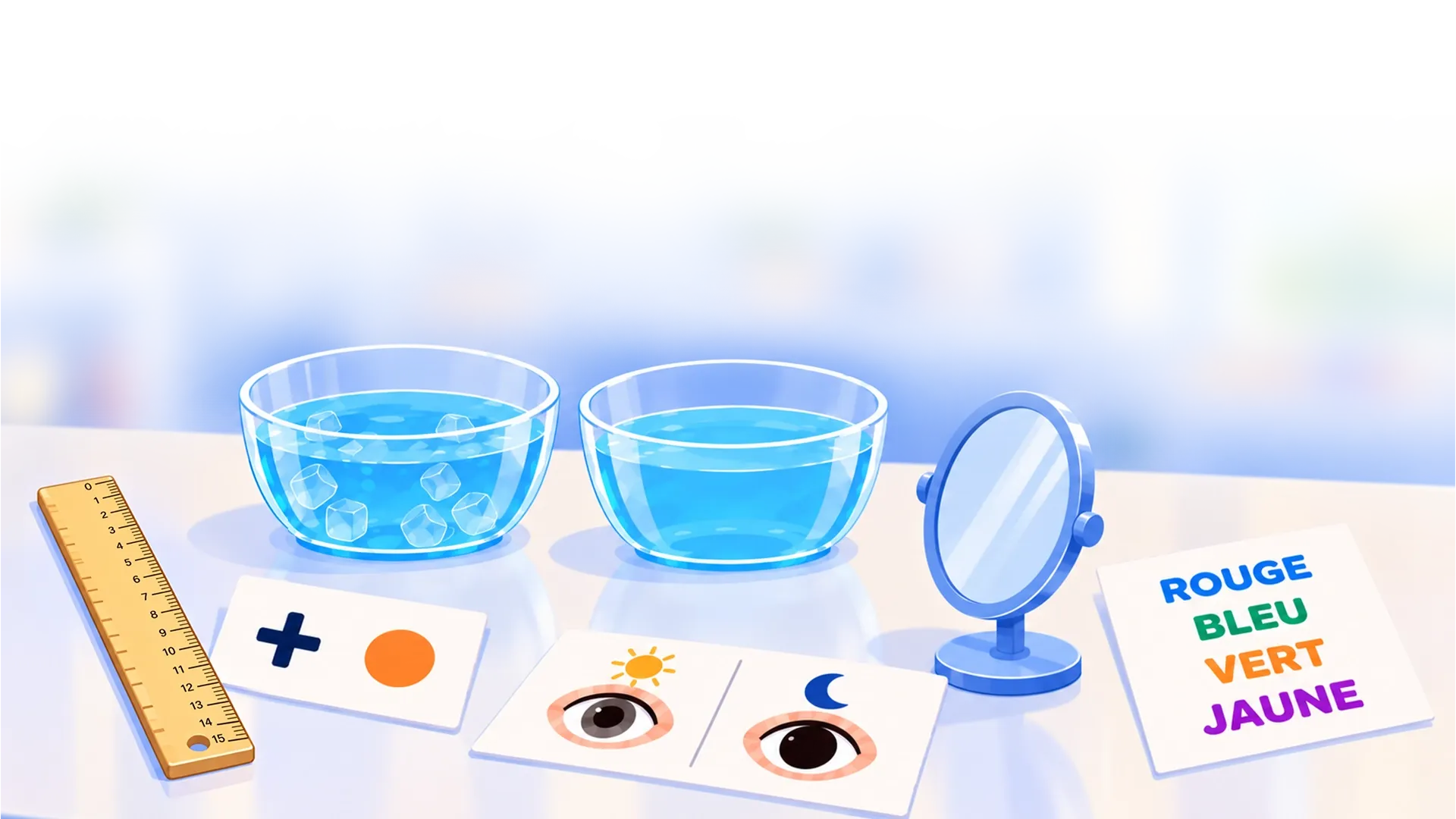 Illustration montrant les éléments des différentes expériences. Il y a une règle, une carte comportant un symbole plus et un point orangé, un bol rempli d’eau glacée et un autre rempli d’eau tiède, un miroir ainsi qu’une feuille sur laquelle des mots sont écrits en couleurs. Le mot rouge est écrit en bleu. Le mot bleu est écrit en vert. Le mot vert est écrit en jaune. Le mot jaune est écrit en violet. 