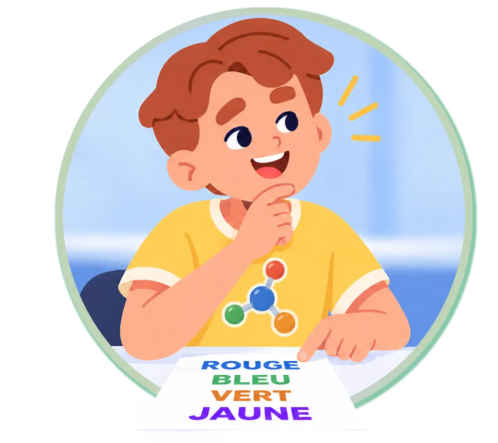 Sur une feuille, des mots sont écrits en couleurs. Le mot rouge est écrit en bleu. Le mot bleu est écrit en vert. Le mot vert est écrit en jaune. Le mot jaune est écrit en violet. Un garçon tente de nommer les couleurs et non les mots. 