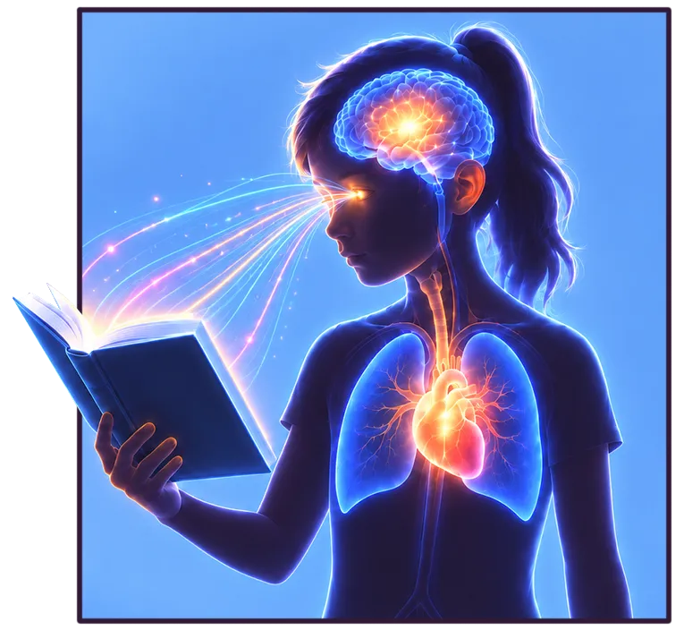Le corps stylisé d’une fillette. Son cerveau, ses poumons et son cœur sont apparents. Ils sont de couleur bleu et orangé. La fillette tient un livre dans ses mains. Des lignes de couleur vont de ses yeux au livre. 