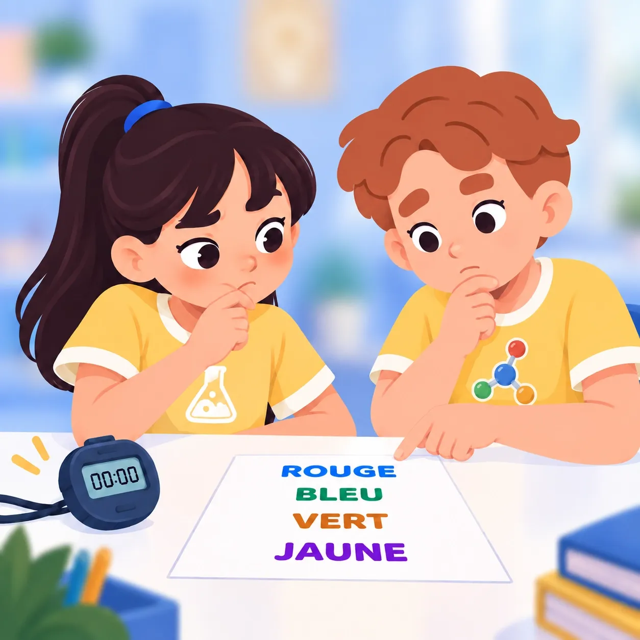 Sur une feuille, des mots sont écrits en couleurs. Le mot rouge est écrit en bleu. Le mot bleu est écrit en vert. Le mot vert est écrit en jaune. Le mot jaune est écrit en violet. Un garçon et une fillette tentent de nommer la couleur des mots. Il y a un chronomètre près d’eux. 