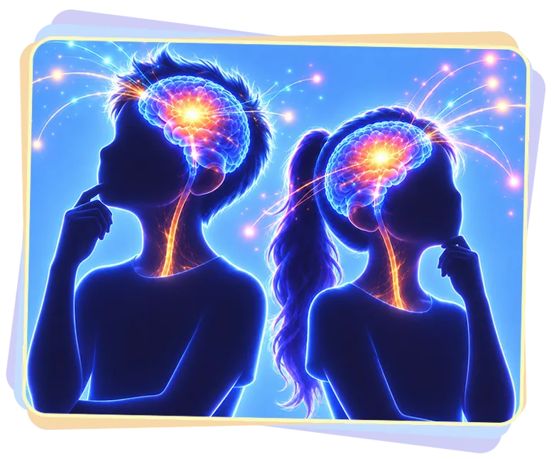 Le corps stylisé d’une fillette et d’un garçon. Leur doigt est appuyé contre leur menton. Ils ont un air pensif. Leur cerveau est apparent. Des étincelles sortent de leur cerveau. 