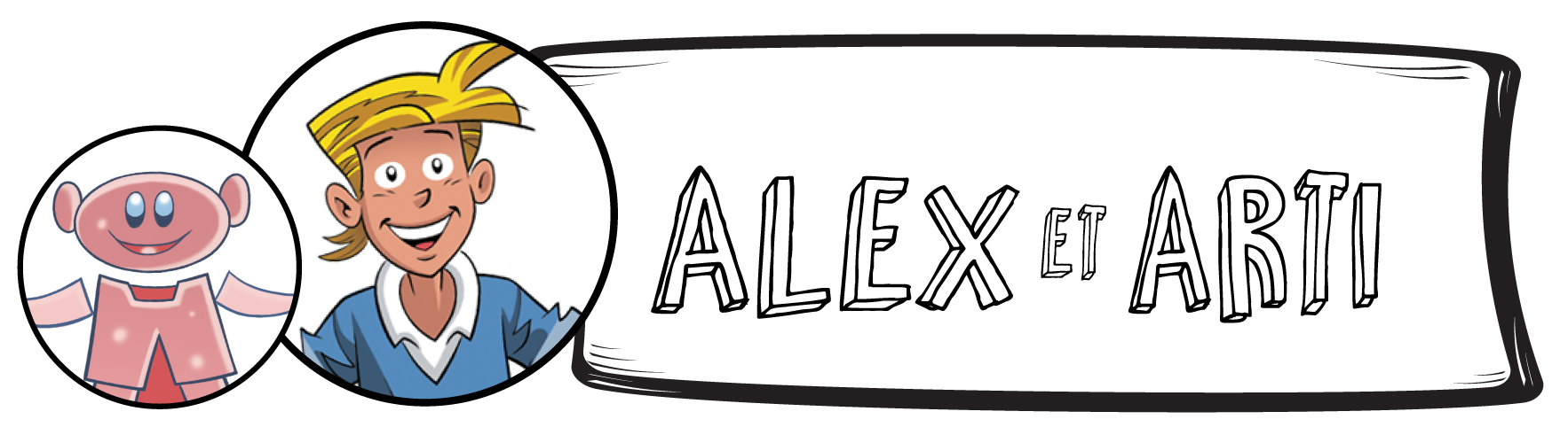 Illustration sur laquelle apparaissent deux personnages: Alex, un jeune homme et Arti, un robot.  